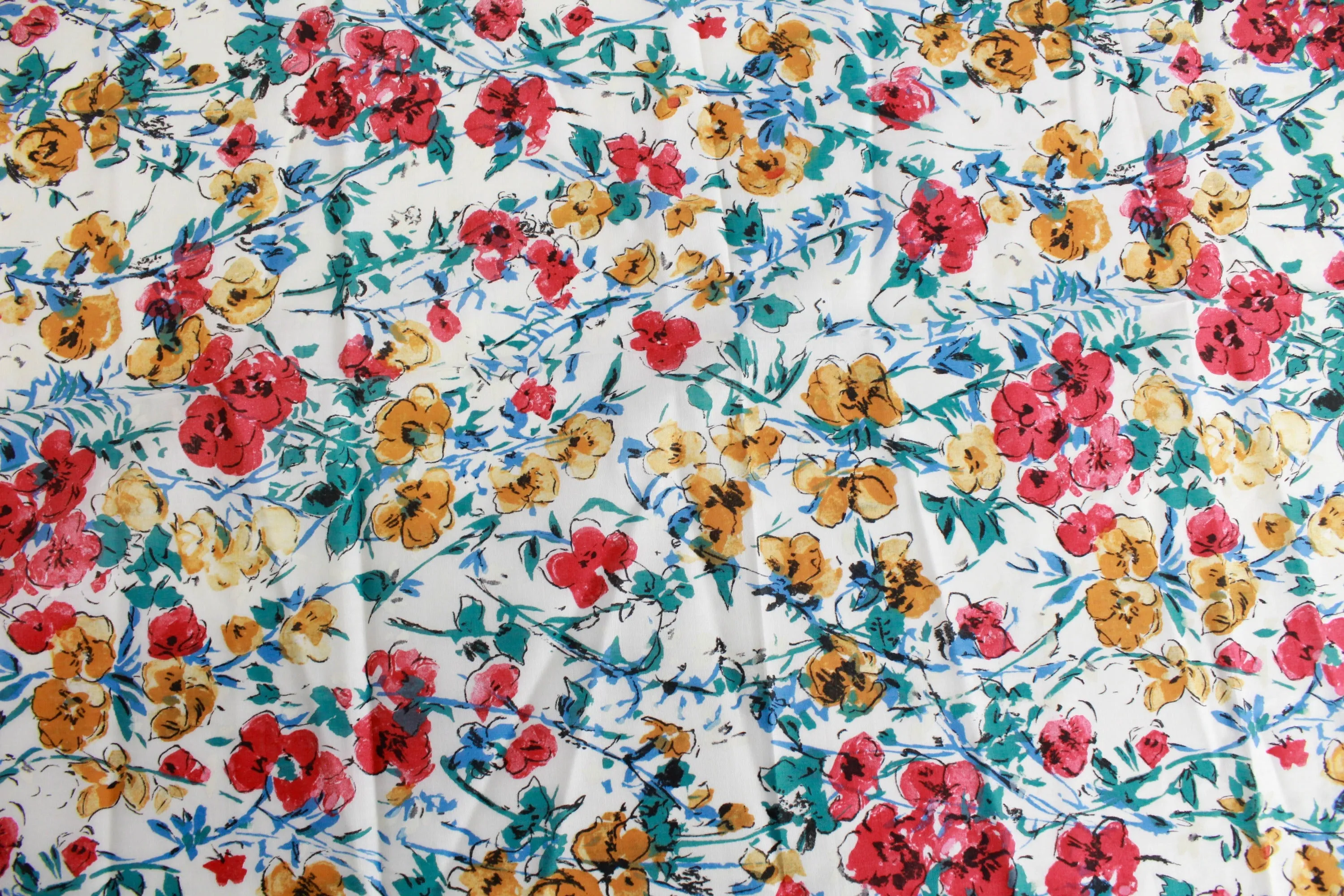 1940s Floral Print Cotton, 4.9 Yards, Vintage Painterly Flower Print