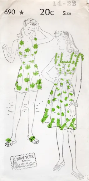 1940's New York Playsuit Pattern with Crop Top, High Waisted Shorts and Side Button Gathered Skirt - Bust 32" - No. 690