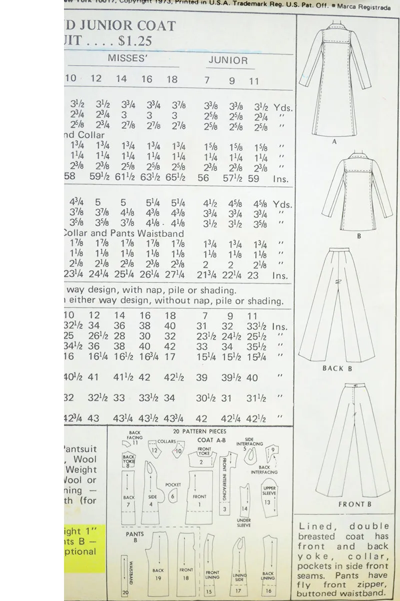 1970s Uncut Vintage McCalls 3753 Pantsuit Coat & Trousers Sewing Pattern