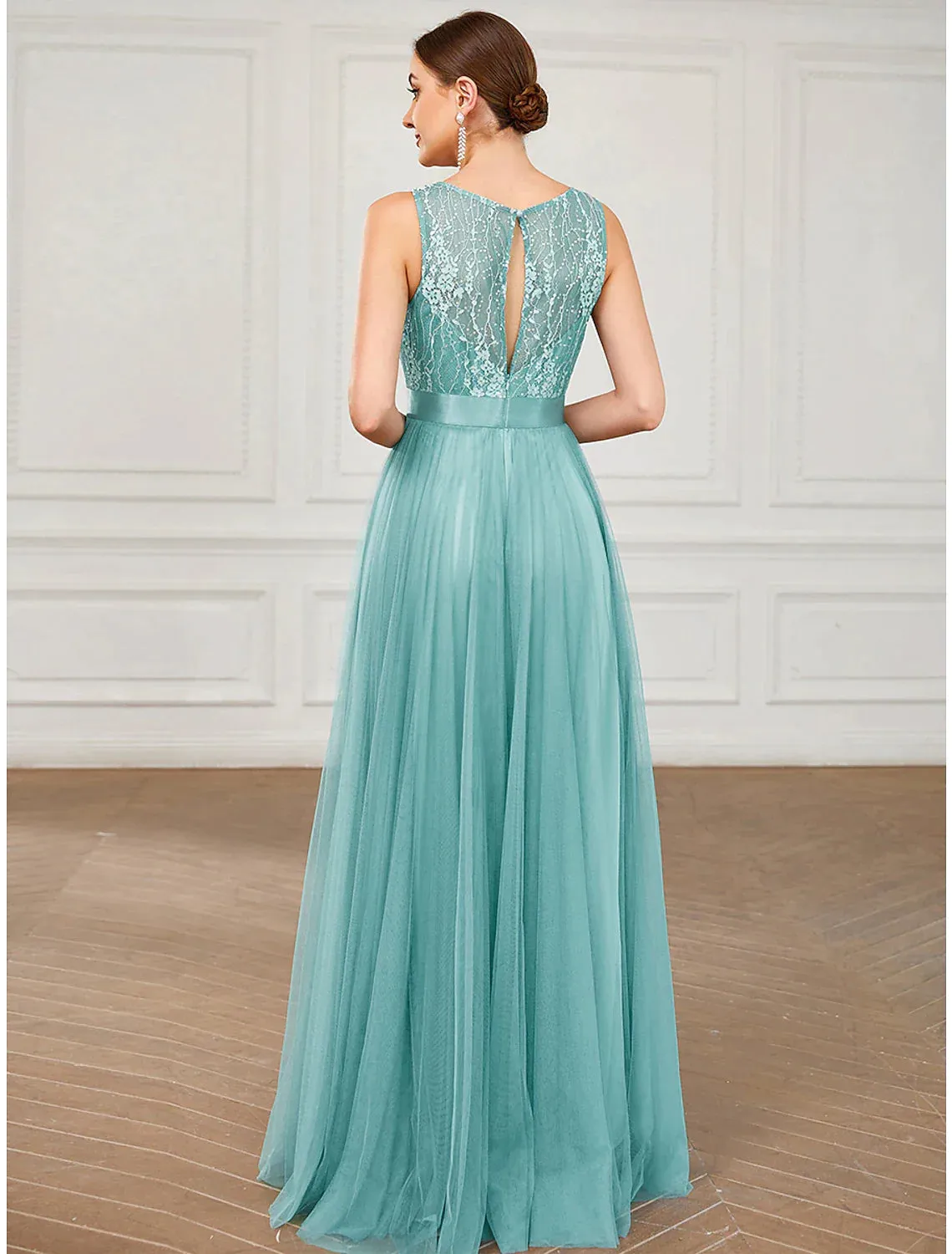 A-Line Prom Dresses Elegant Dress Wedding Guest Floor Length Sleeveless Tulle with Sequin