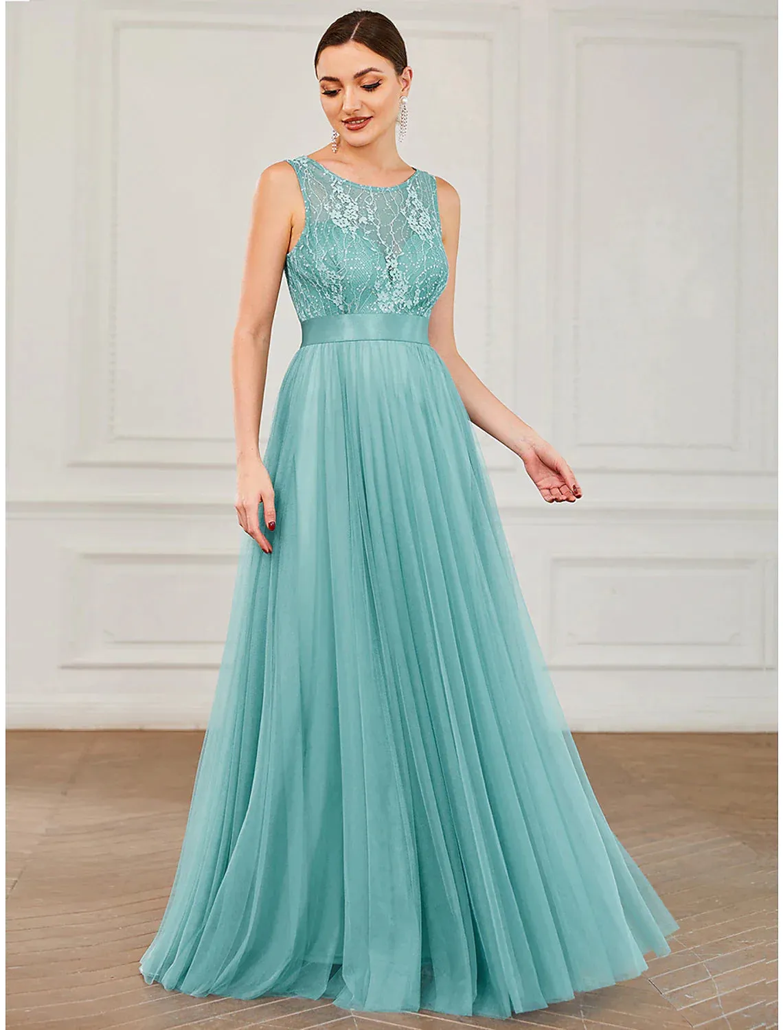 A-Line Prom Dresses Elegant Dress Wedding Guest Floor Length Sleeveless Tulle with Sequin