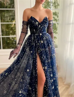 A-Line Prom Dresses Sparkle & Shine Dress Wedding Guest Birthday Sweep / Brush Train Long Sleeve Strapless Tulle with Sequin Slit