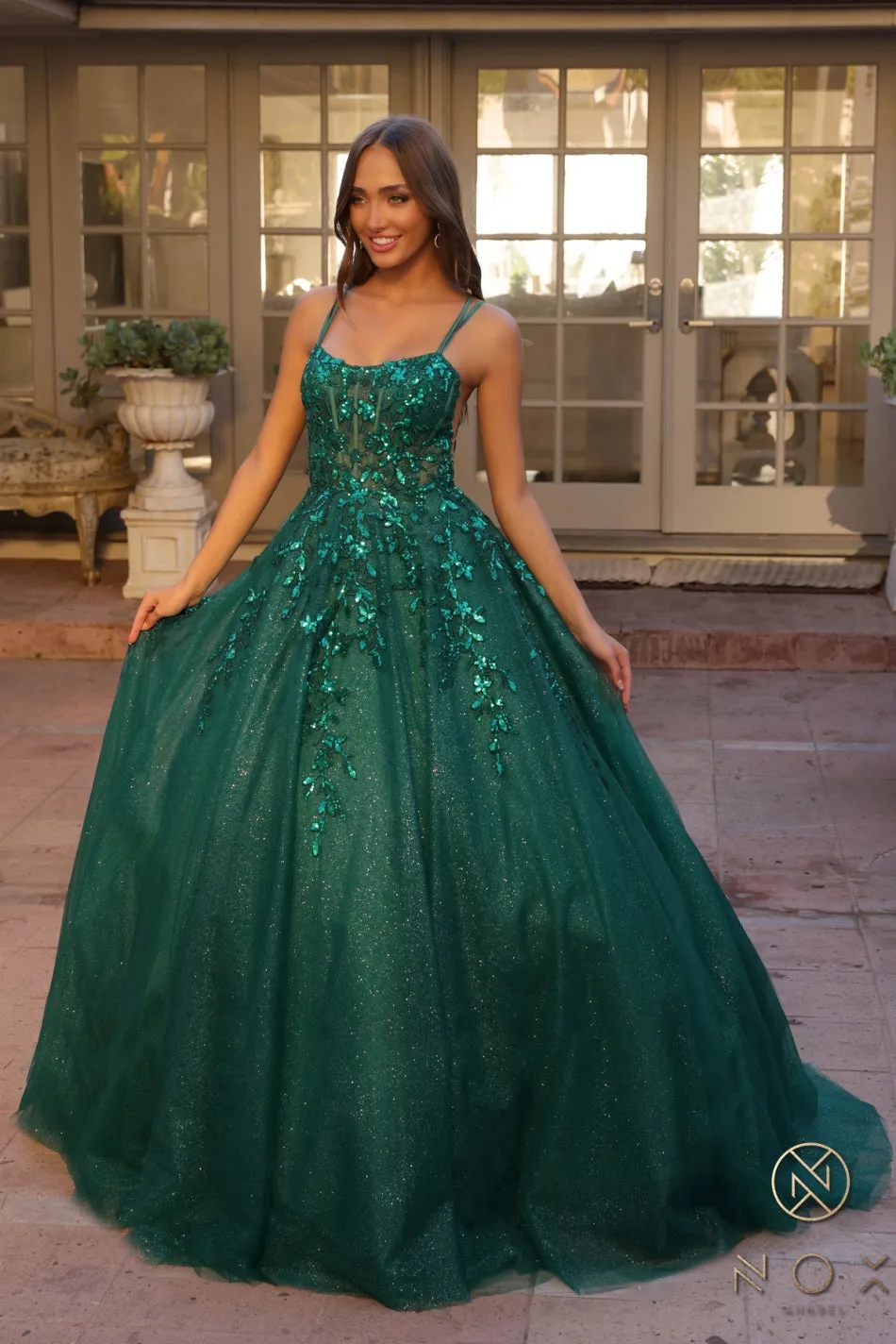 A Line Shimmer Sequin Corset Scoop Neck Ball Gown_H1271