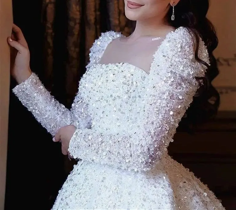 All Over Sequined Tulle Sparkle Long Sleeved Ball Wedding Gown All Sizes/Colors