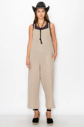 Beige Fluffy Gauze Pocket Jumpsuit