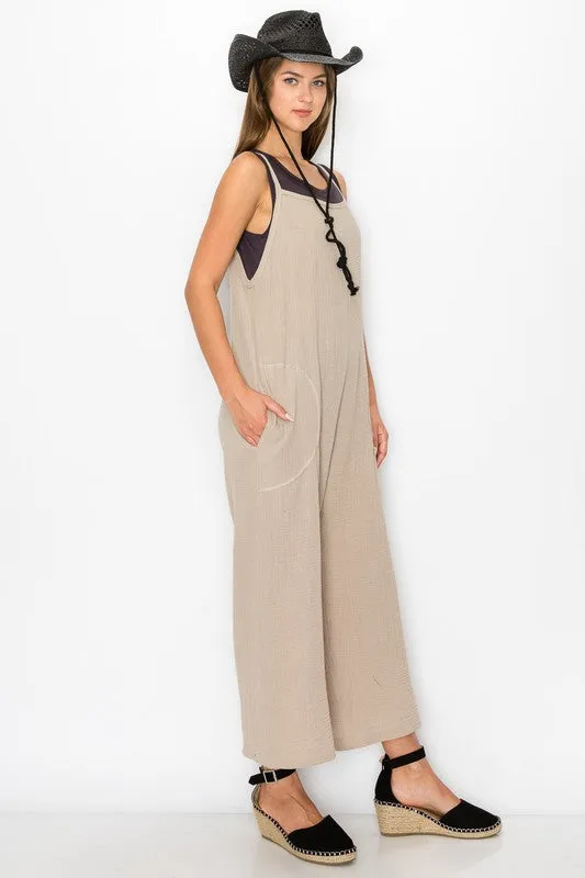 Beige Fluffy Gauze Pocket Jumpsuit