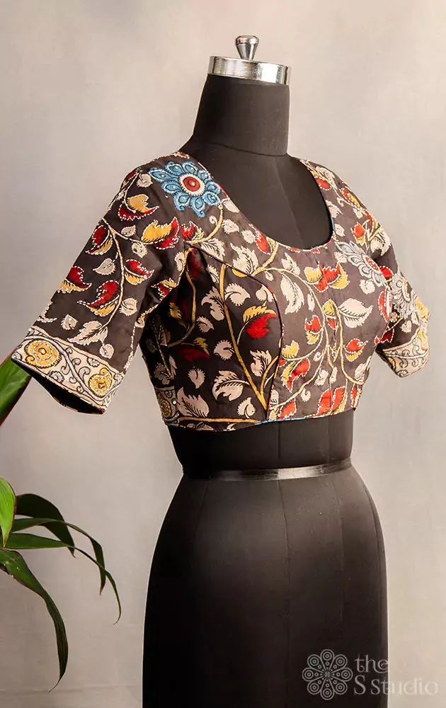 Black pen kalamkari hand painted silk blouse with kantha embroidery