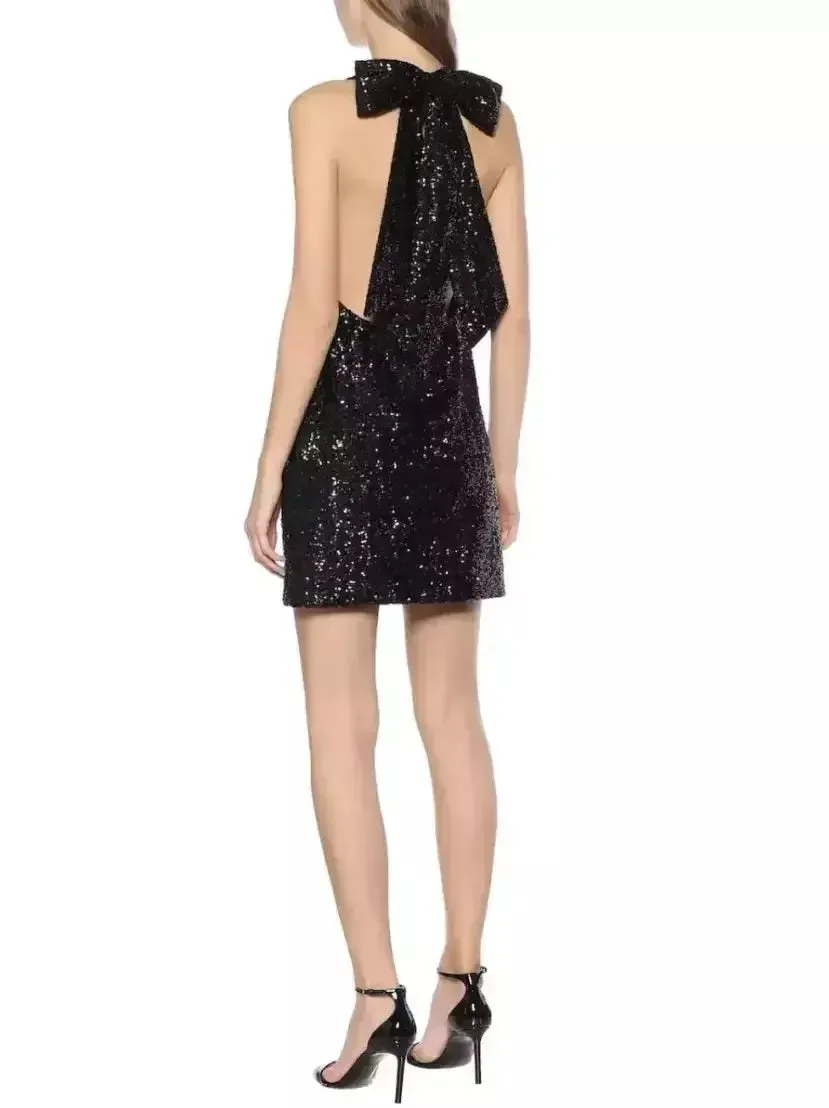 Black Sequin Low-Scoop Neckline Big Bow Mini Dress