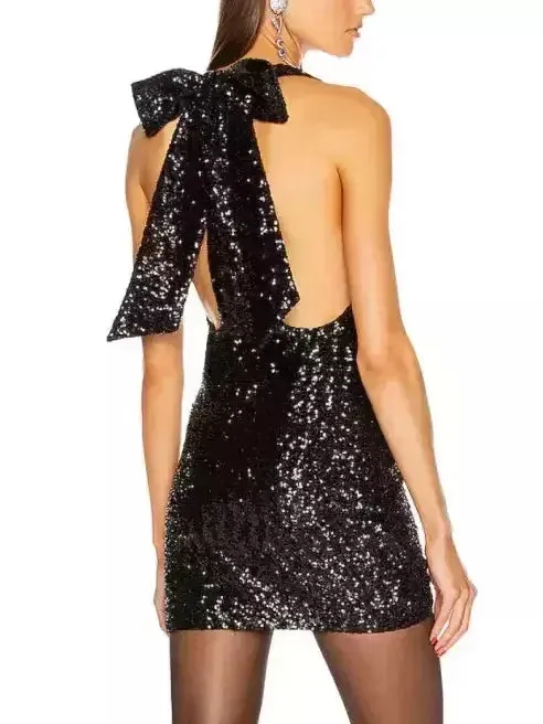 Black Sequin Low-Scoop Neckline Big Bow Mini Dress