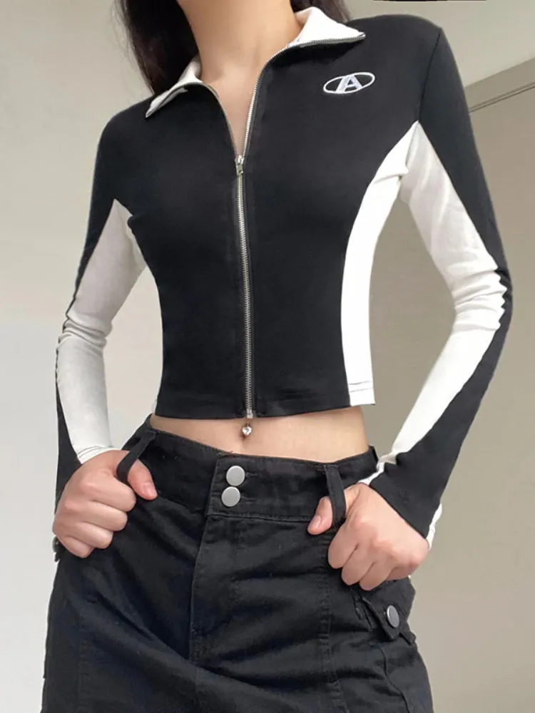 Black White Stitched Turtleneck Zip-up Top