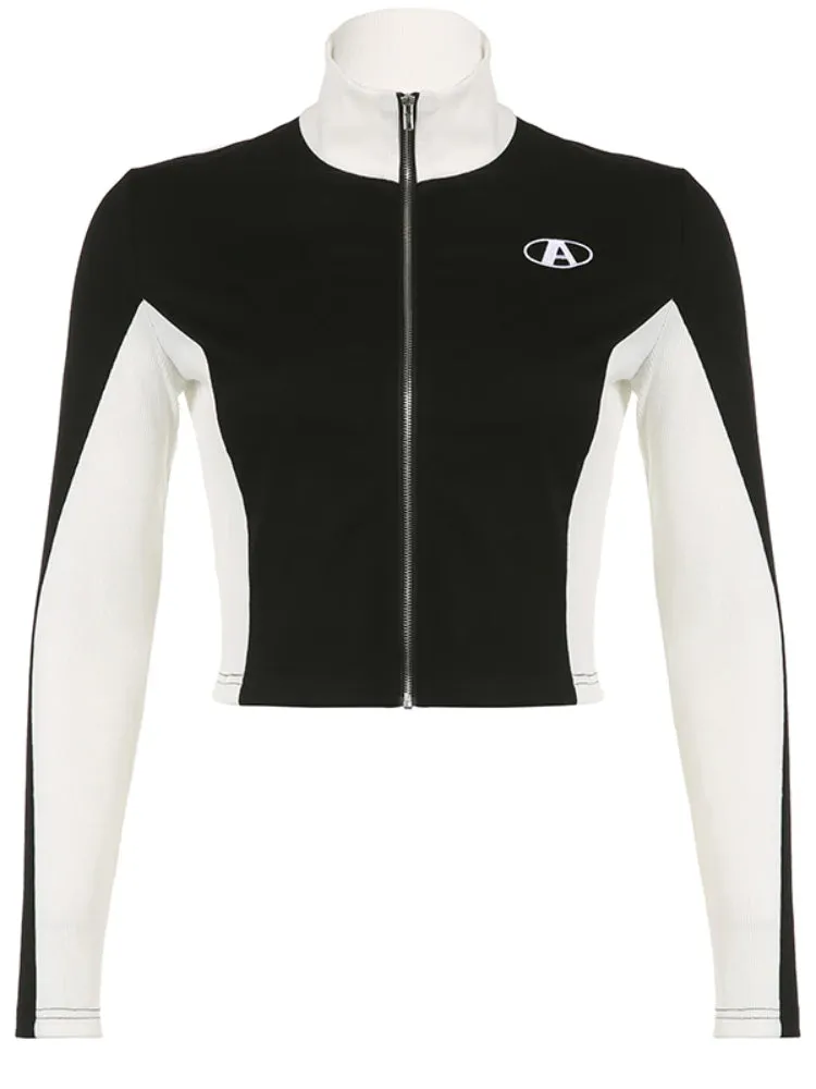 Black White Stitched Turtleneck Zip-up Top