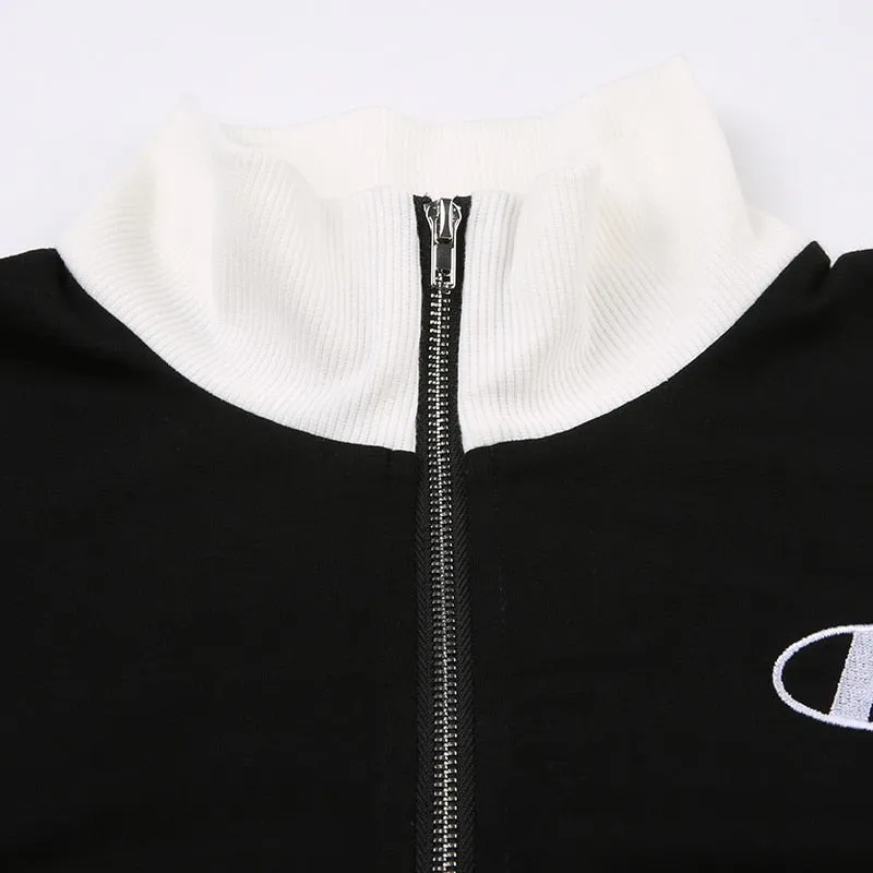 Black White Stitched Turtleneck Zip-up Top