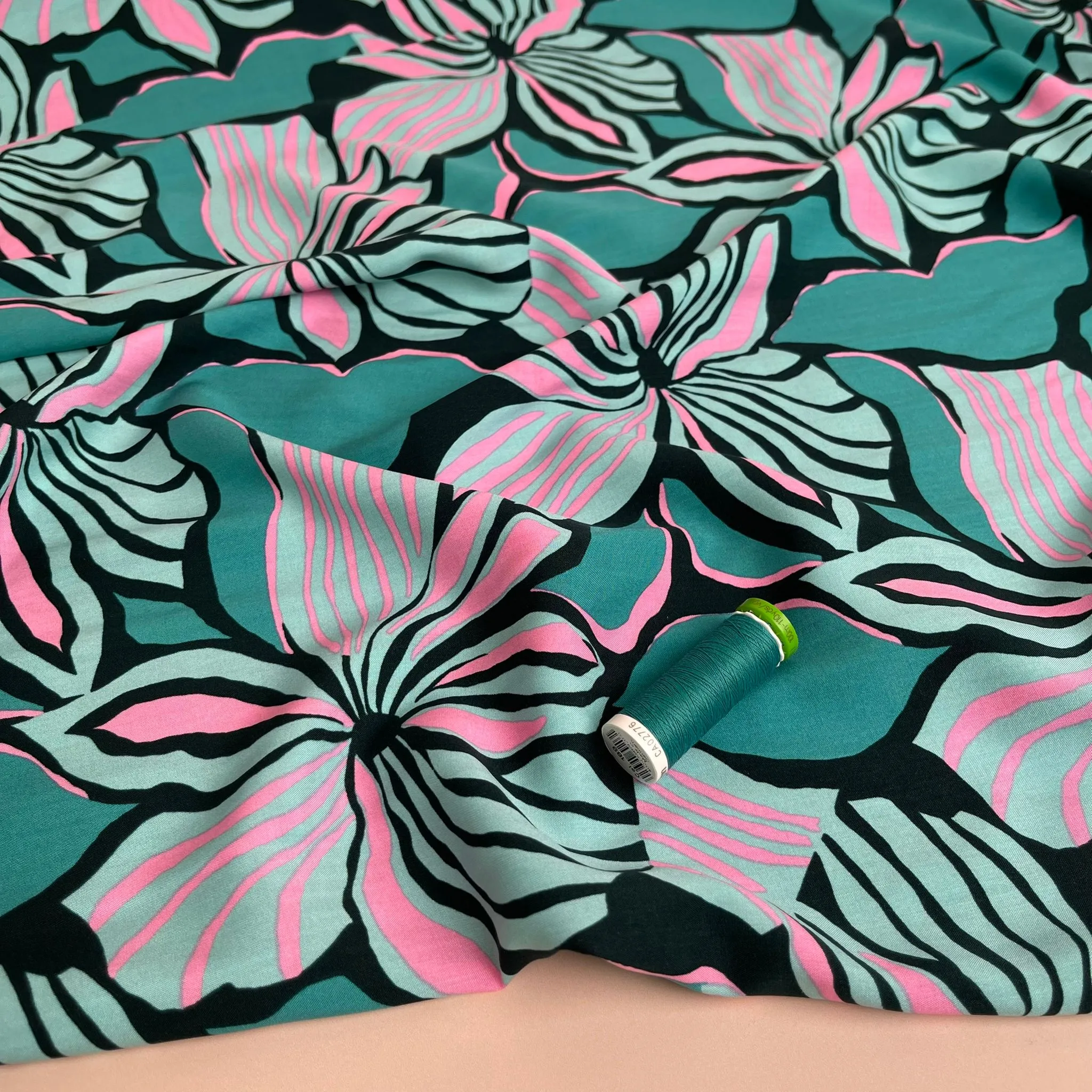 Bold Painted Flowers on Black LENZING™ ECOVERO™ Viscose Fabric