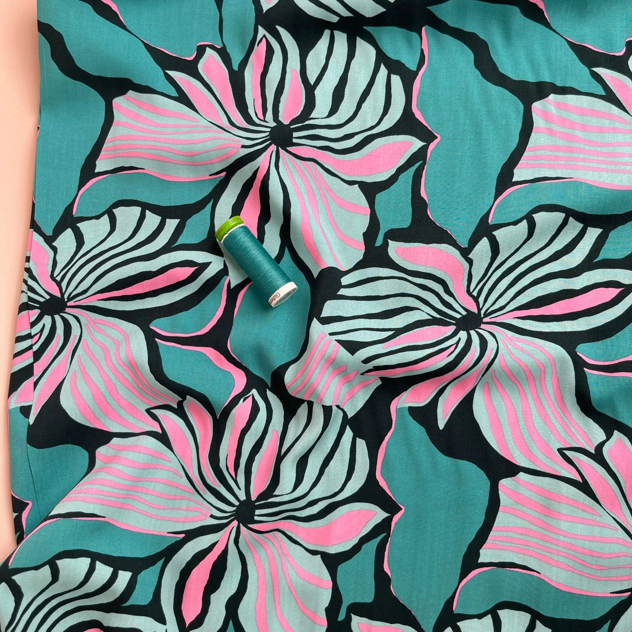 Bold Painted Flowers on Black LENZING™ ECOVERO™ Viscose Fabric