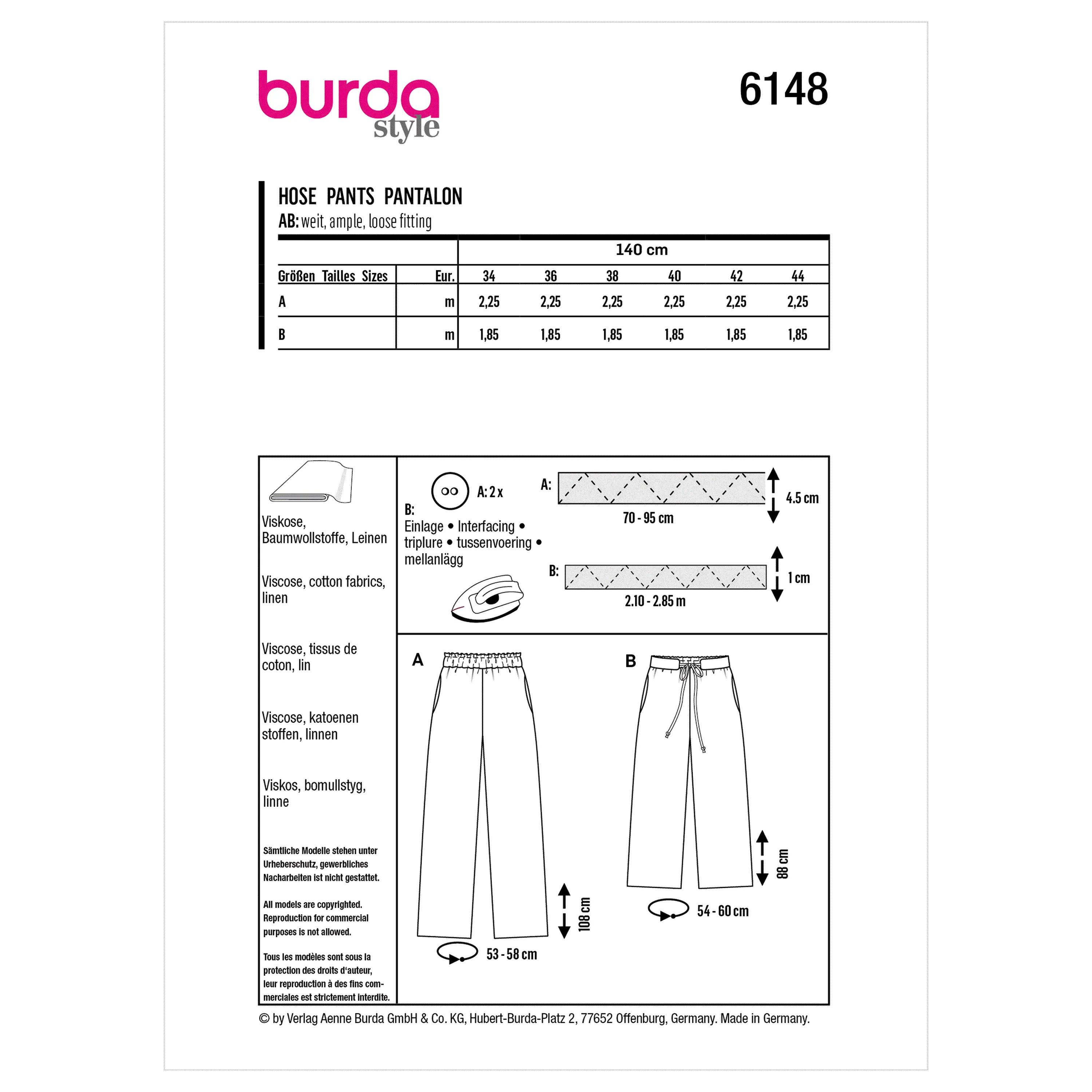 Burda Sewing Pattern 6148 Trousers and Pants