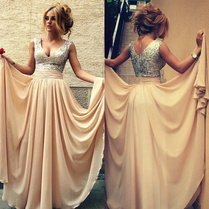 Champagne Sequin Top Bridesmaid Dresses