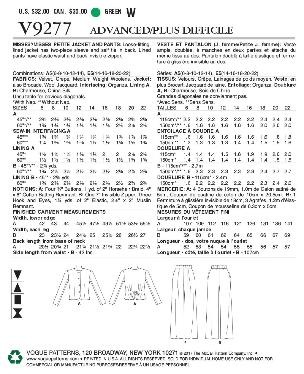 CLEARANCE • VOGUE PATTERN  MISSES'/MISSES' PETITE JACKET WITH BACK TIE AND PULL-ON PANTS 9277