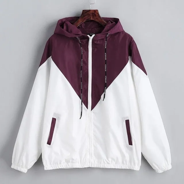 Color Casual Hoodie Sleeve Autumn Contrast Women Long Patchwork Hooded Jacket Zippers Pockets Spring Outwear Loose