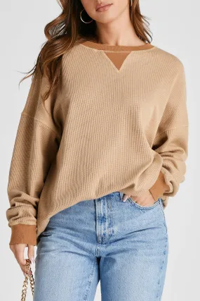 Cozy Thermal Waffle Knit Color Block Pullover Sweatshirt