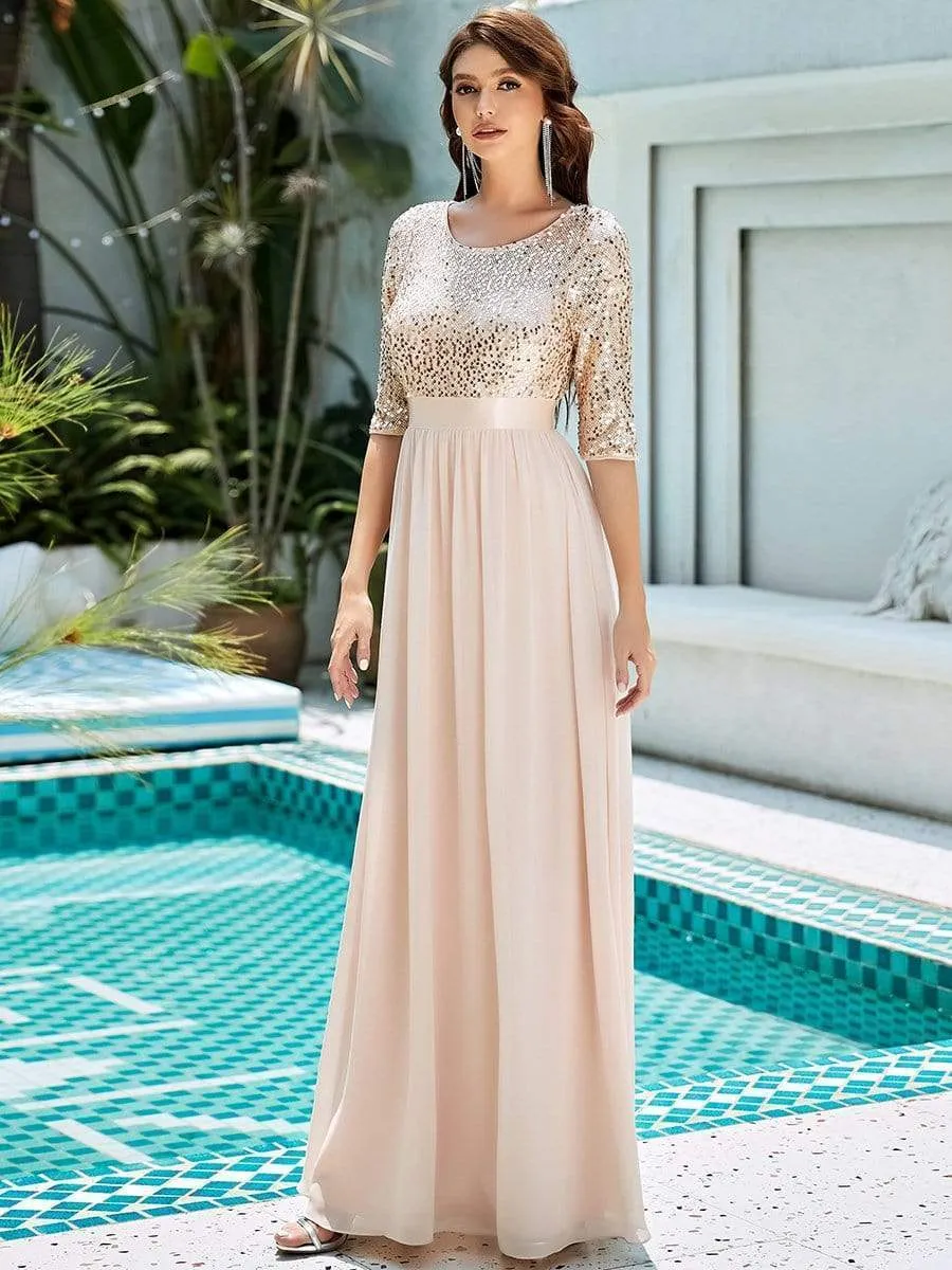 Edith | Elegant Round Neckline Long Sleeves Sequin Evening Dress