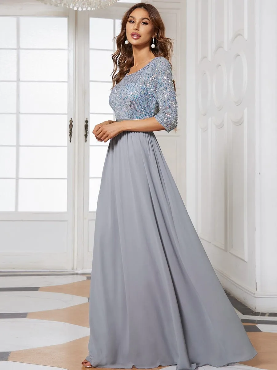 Edith | Elegant Round Neckline Long Sleeves Sequin Evening Dress