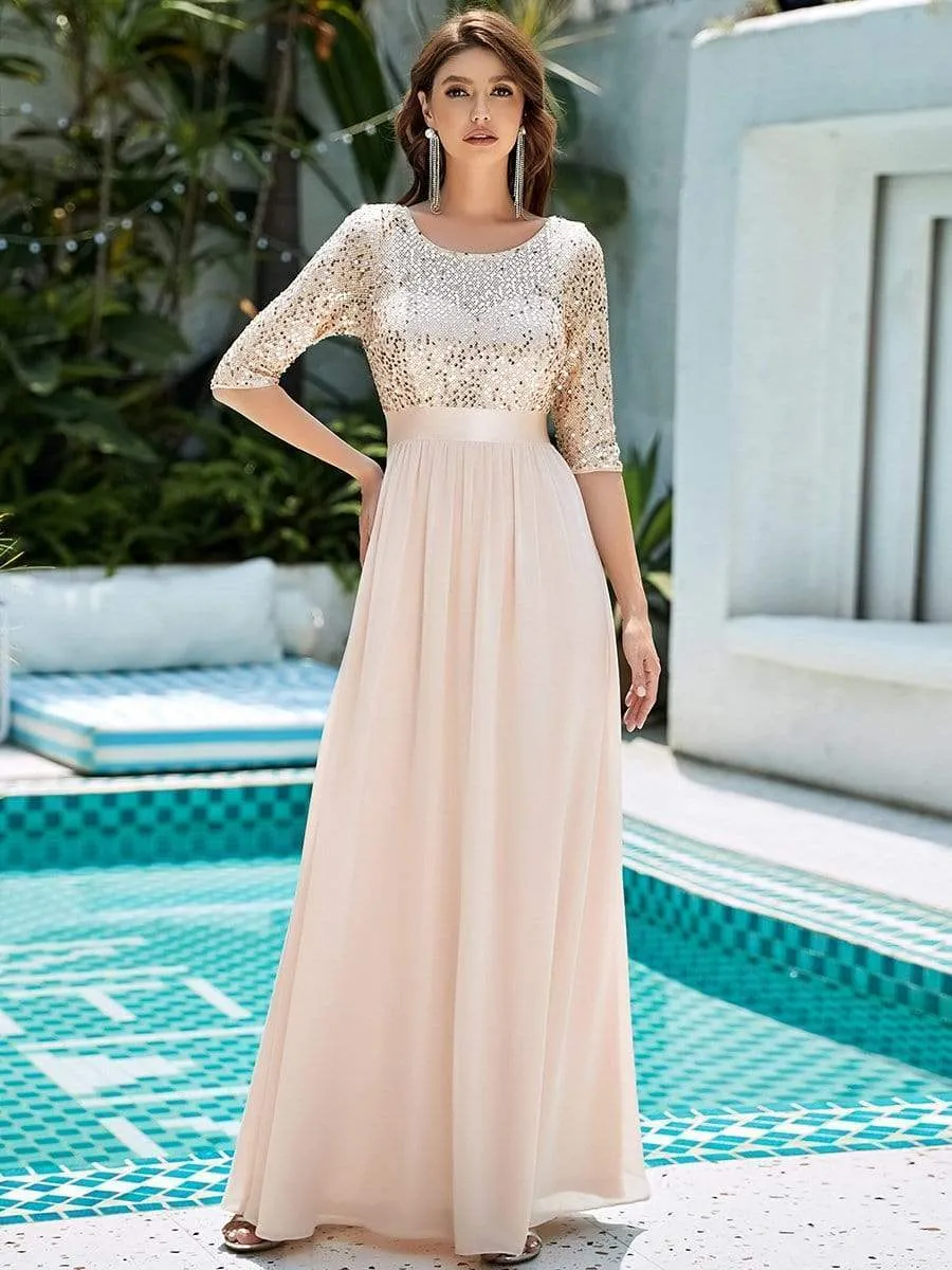 Edith | Elegant Round Neckline Long Sleeves Sequin Evening Dress