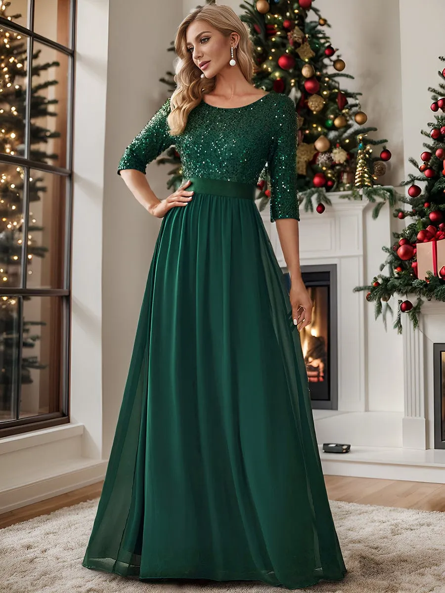 Edith | Elegant Round Neckline Long Sleeves Sequin Evening Dress