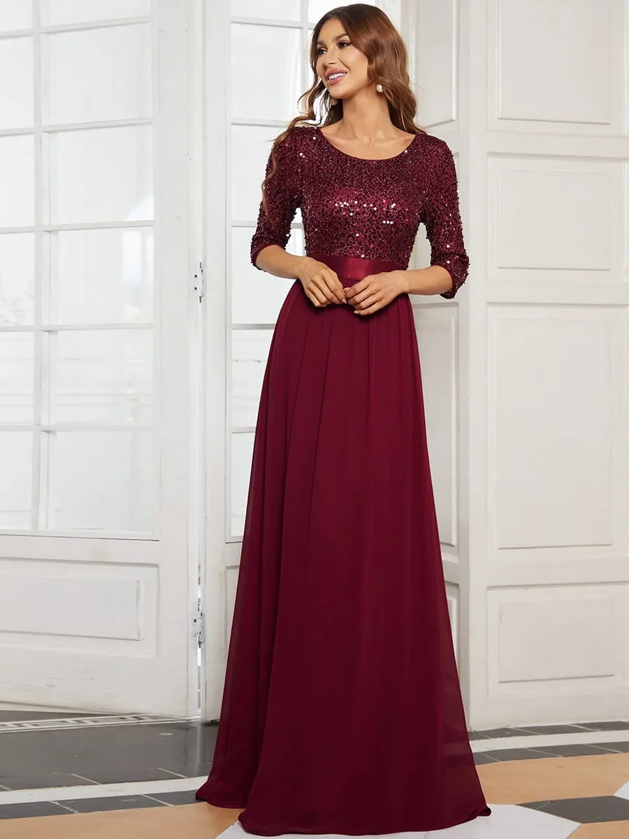 Edith | Elegant Round Neckline Long Sleeves Sequin Evening Dress