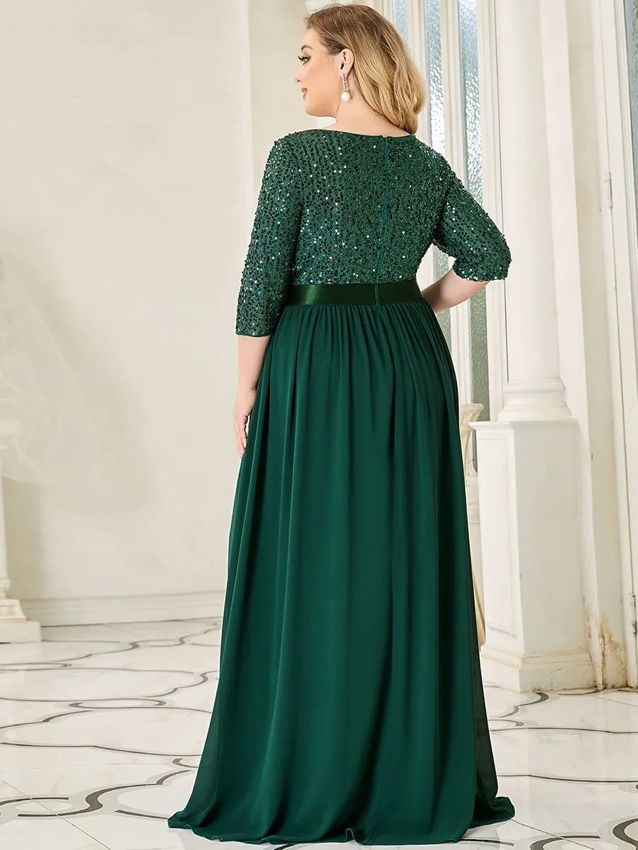 Edith | Elegant Round Neckline Long Sleeves Sequin Evening Dress