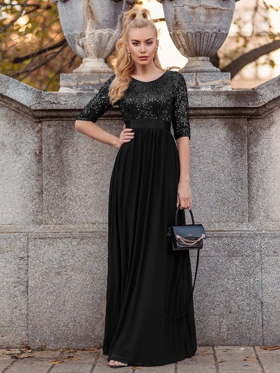 Edith | Elegant Round Neckline Long Sleeves Sequin Evening Dress