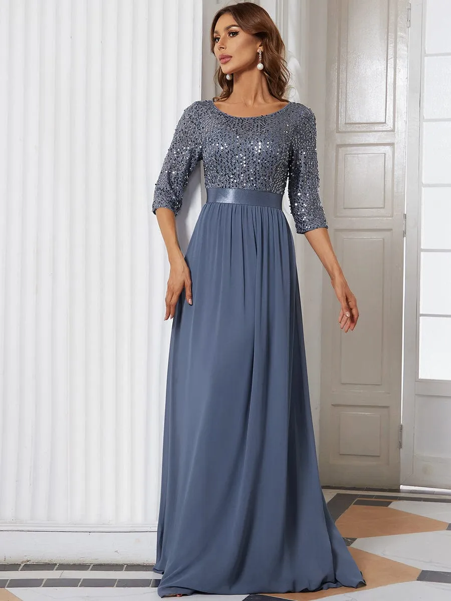 Edith | Elegant Round Neckline Long Sleeves Sequin Evening Dress