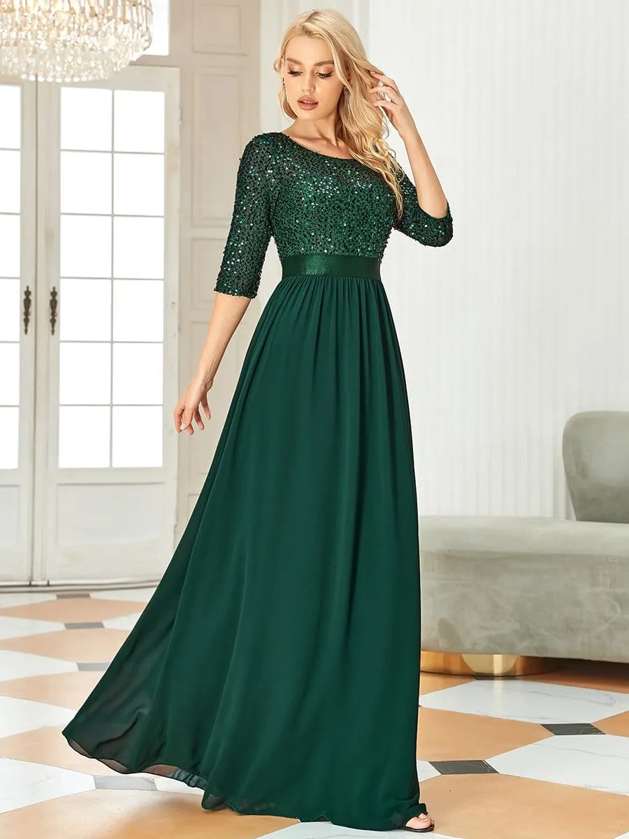 Edith | Elegant Round Neckline Long Sleeves Sequin Evening Dress