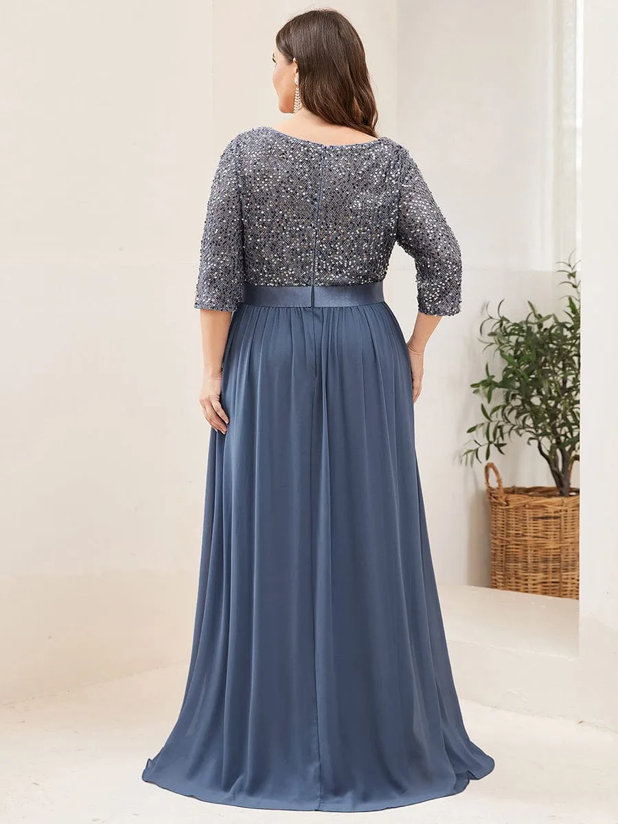 Edith | Elegant Round Neckline Long Sleeves Sequin Evening Dress