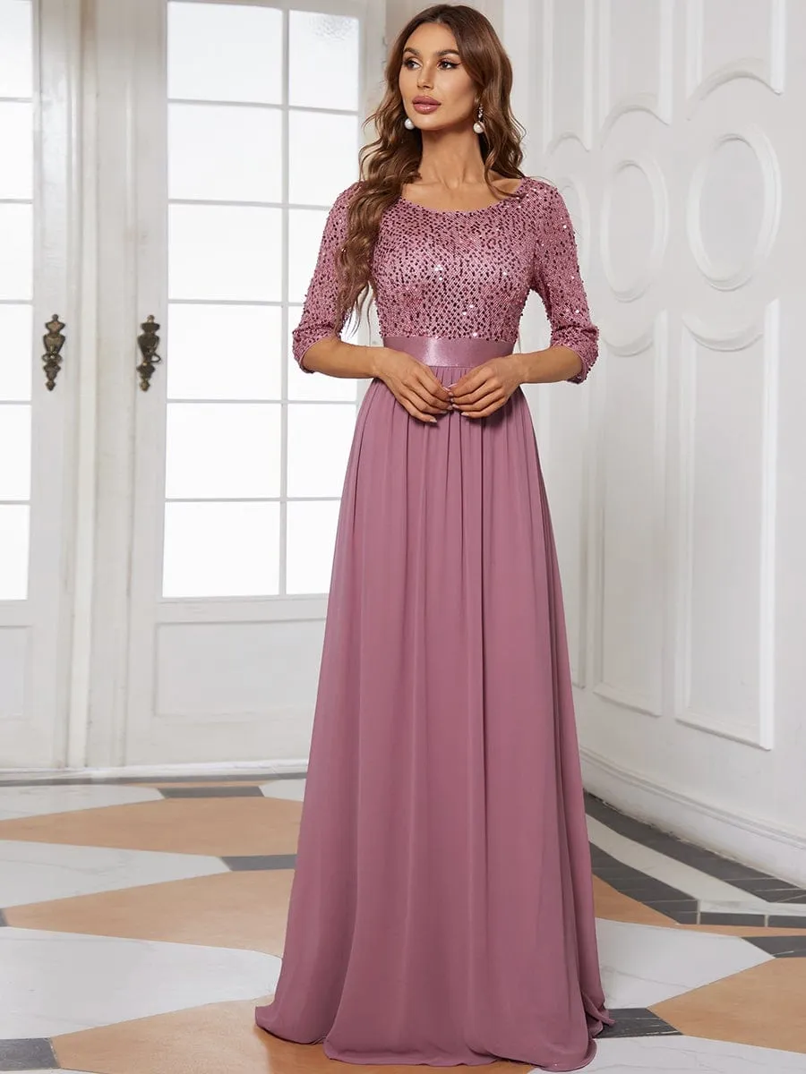 Edith | Elegant Round Neckline Long Sleeves Sequin Evening Dress