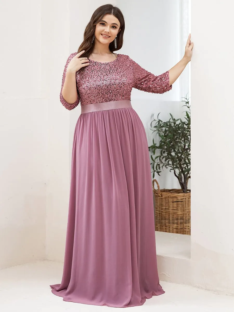 Edith | Elegant Round Neckline Long Sleeves Sequin Evening Dress