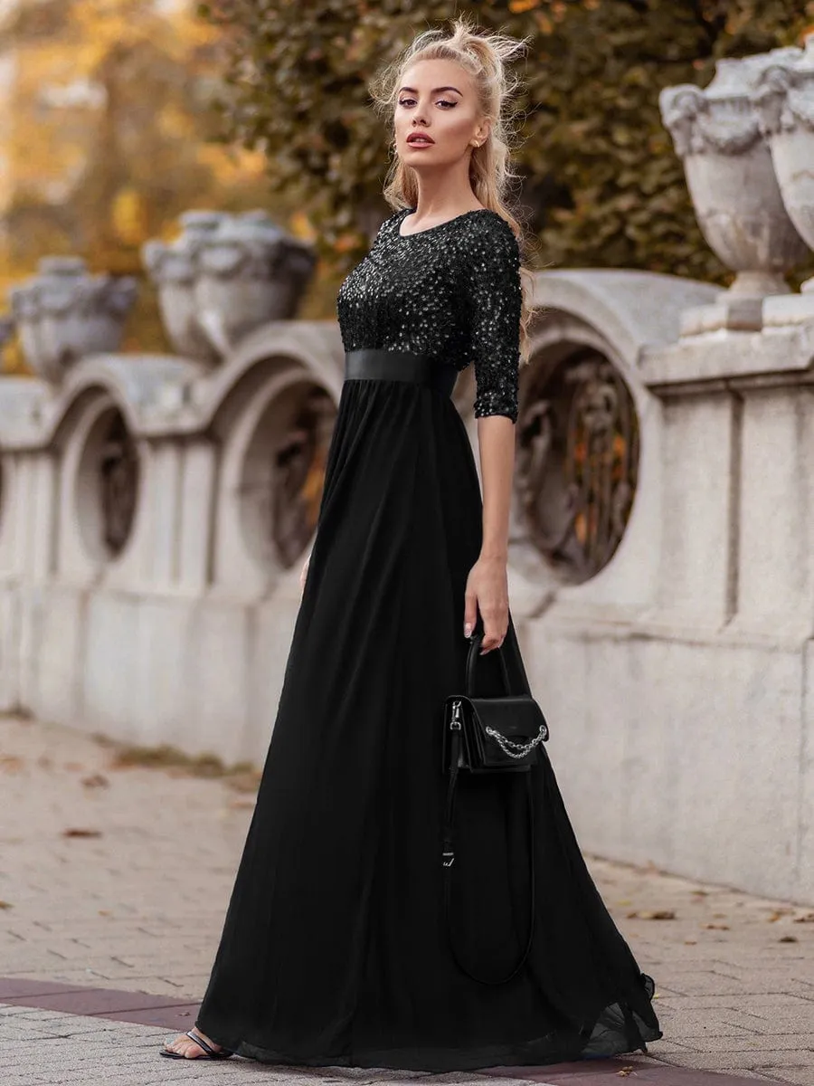 Edith | Elegant Round Neckline Long Sleeves Sequin Evening Dress