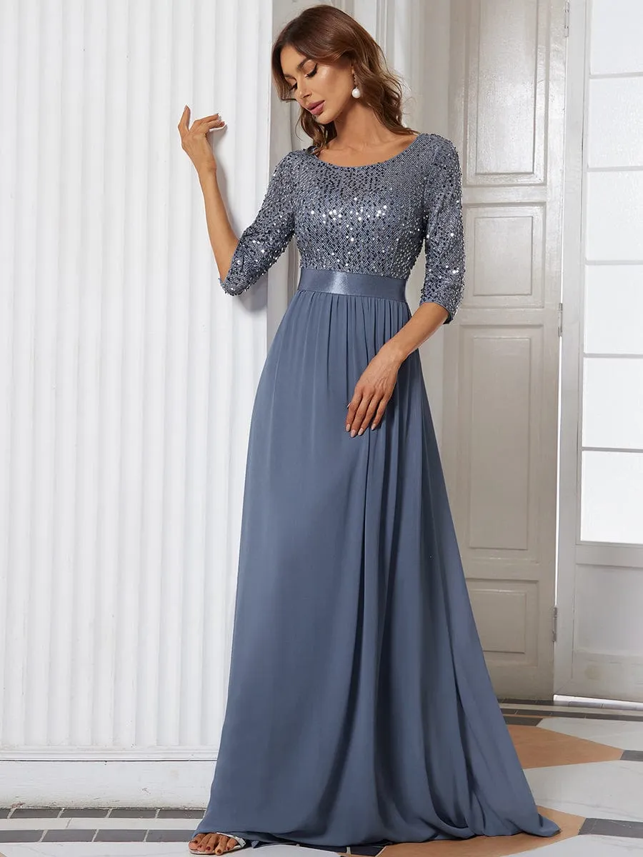 Edith | Elegant Round Neckline Long Sleeves Sequin Evening Dress