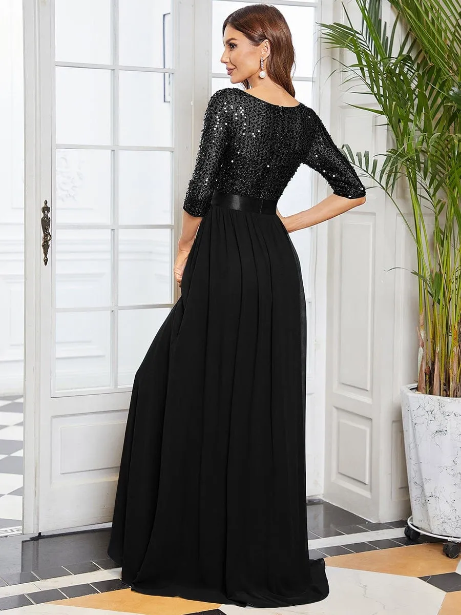 Edith | Elegant Round Neckline Long Sleeves Sequin Evening Dress