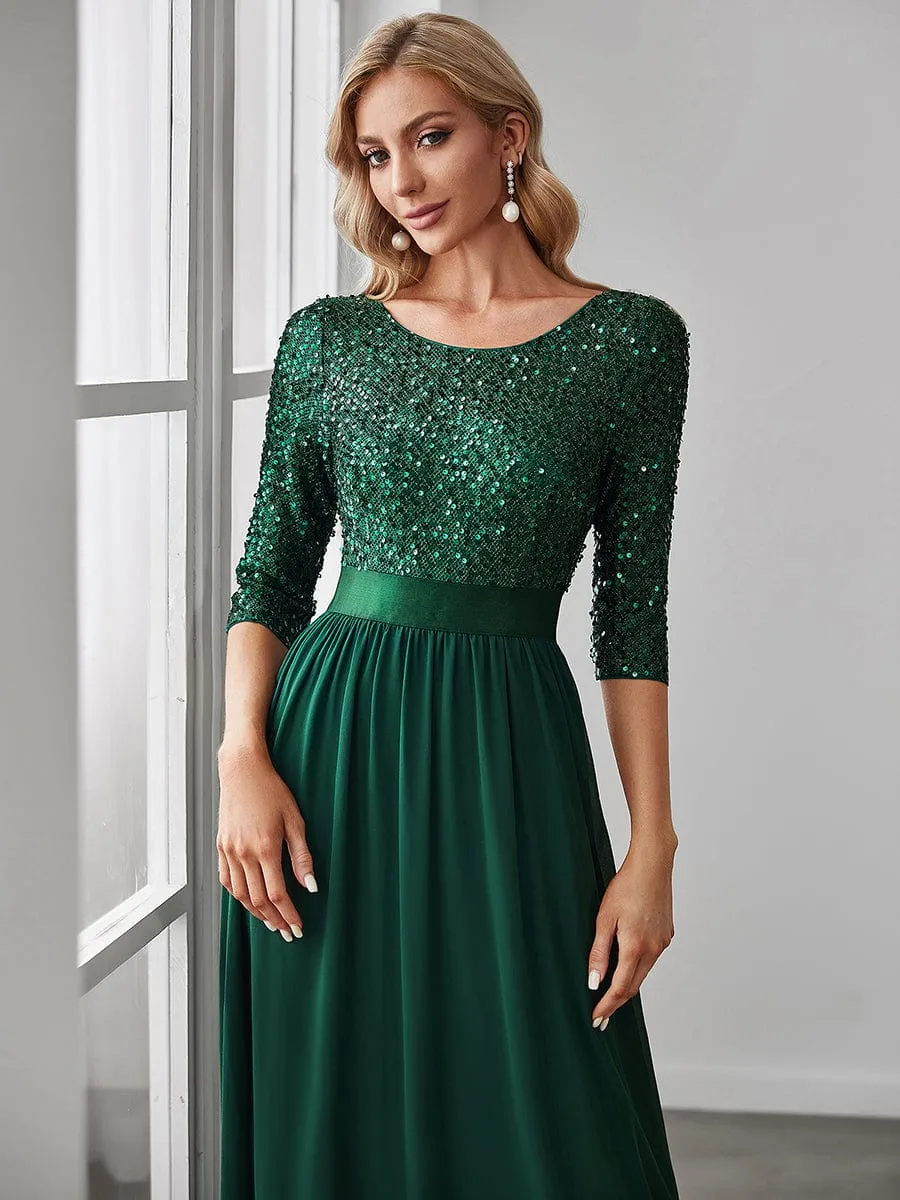 Edith | Elegant Round Neckline Long Sleeves Sequin Evening Dress