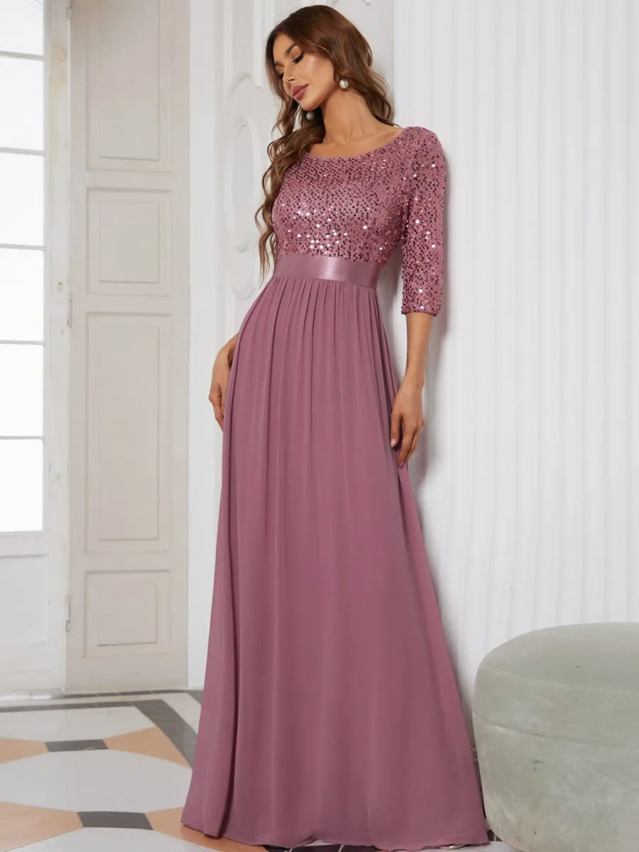 Edith | Elegant Round Neckline Long Sleeves Sequin Evening Dress