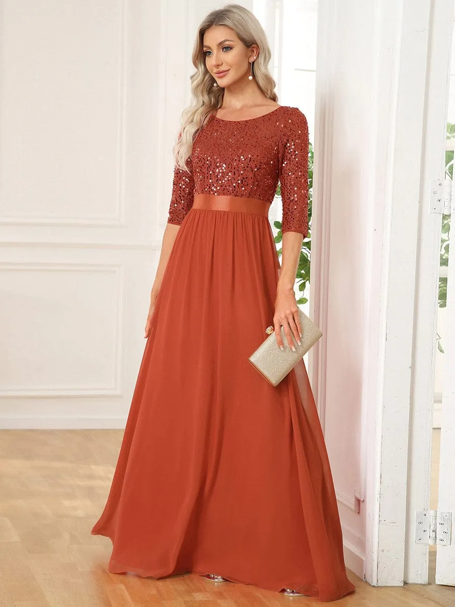 Edith | Elegant Round Neckline Long Sleeves Sequin Evening Dress