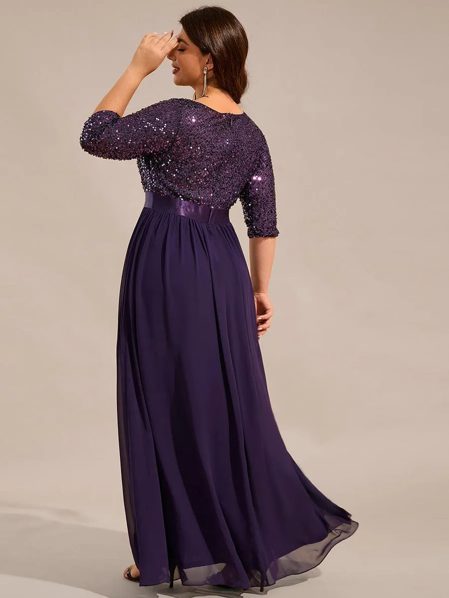 Edith | Elegant Round Neckline Long Sleeves Sequin Evening Dress