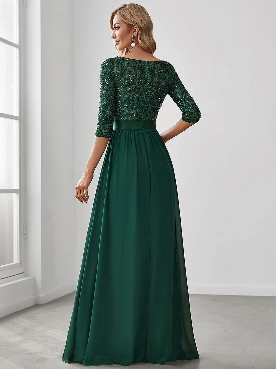 Edith | Elegant Round Neckline Long Sleeves Sequin Evening Dress