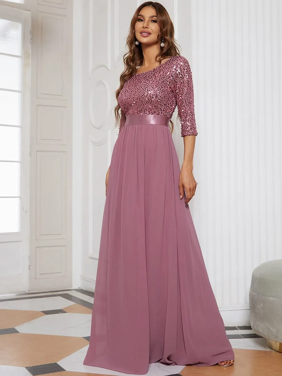 Edith | Elegant Round Neckline Long Sleeves Sequin Evening Dress