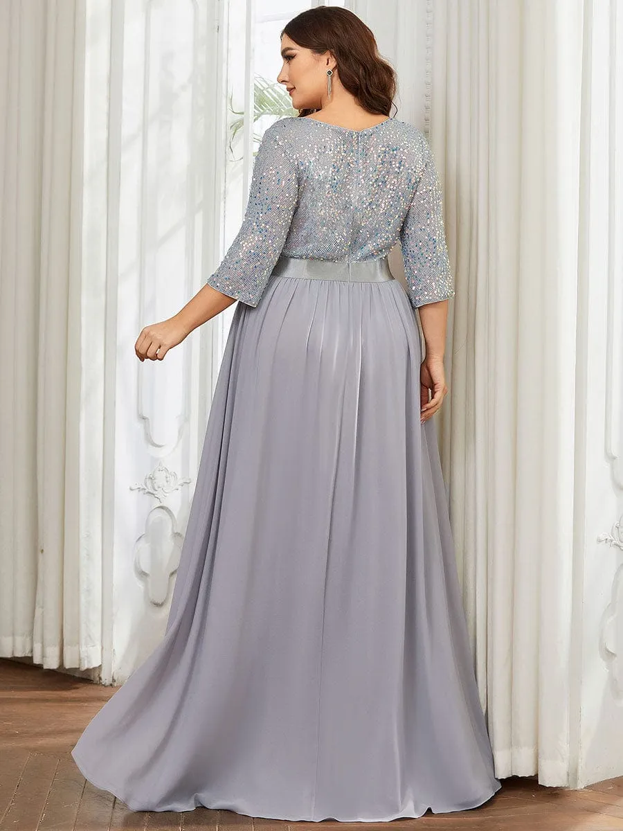 Edith | Elegant Round Neckline Long Sleeves Sequin Evening Dress