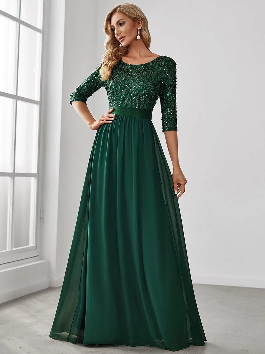 Edith | Elegant Round Neckline Long Sleeves Sequin Evening Dress