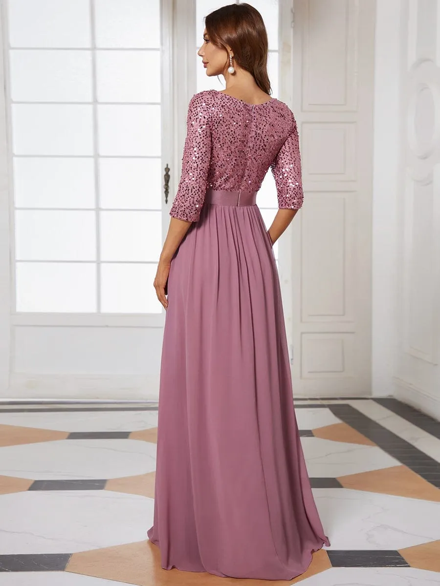 Edith | Elegant Round Neckline Long Sleeves Sequin Evening Dress