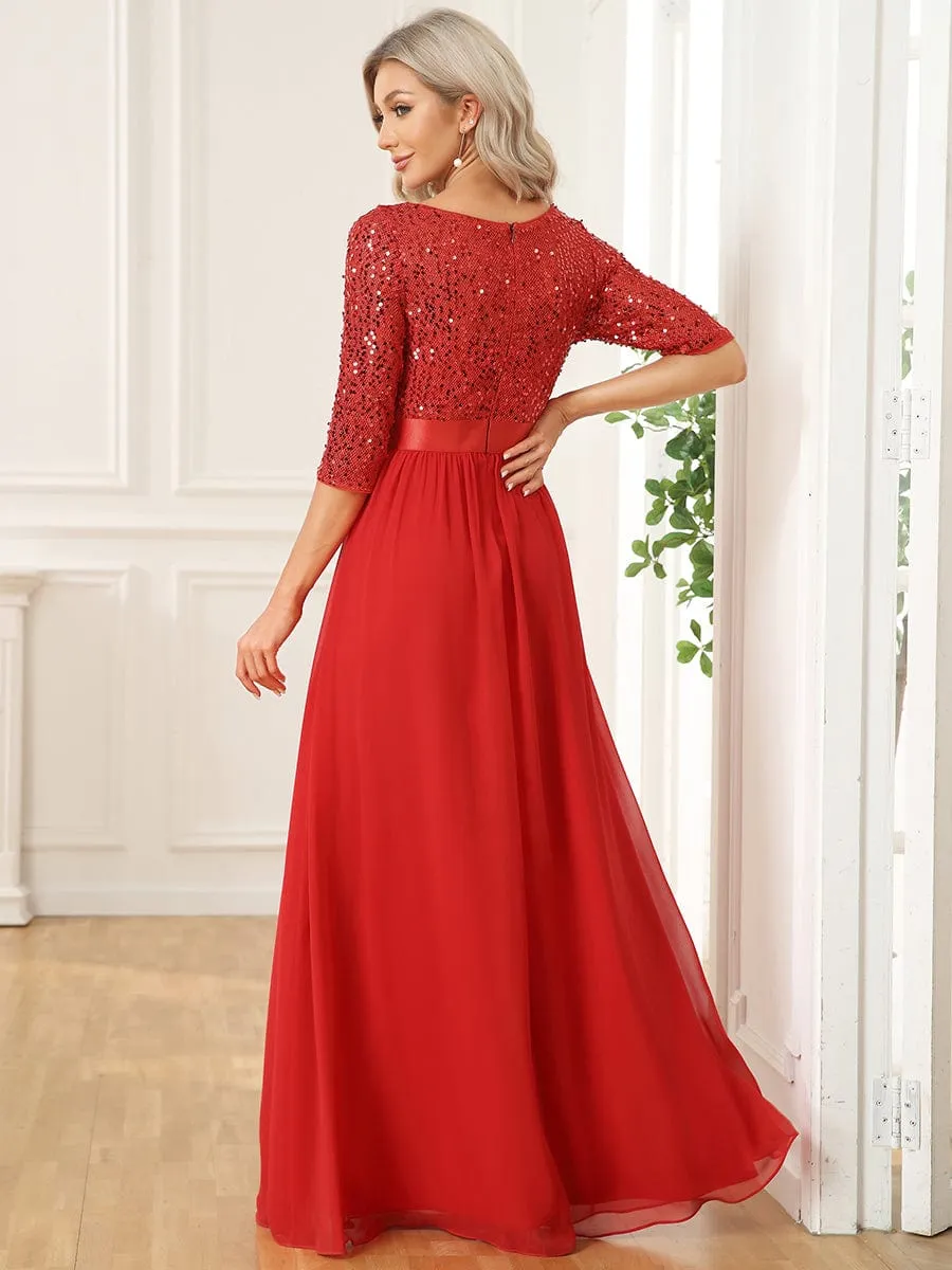 Edith | Elegant Round Neckline Long Sleeves Sequin Evening Dress