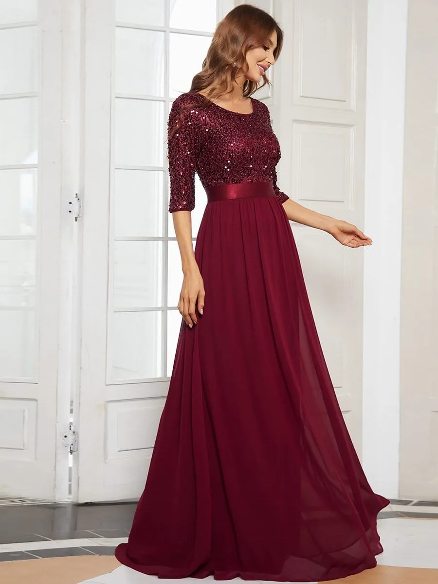 Edith | Elegant Round Neckline Long Sleeves Sequin Evening Dress