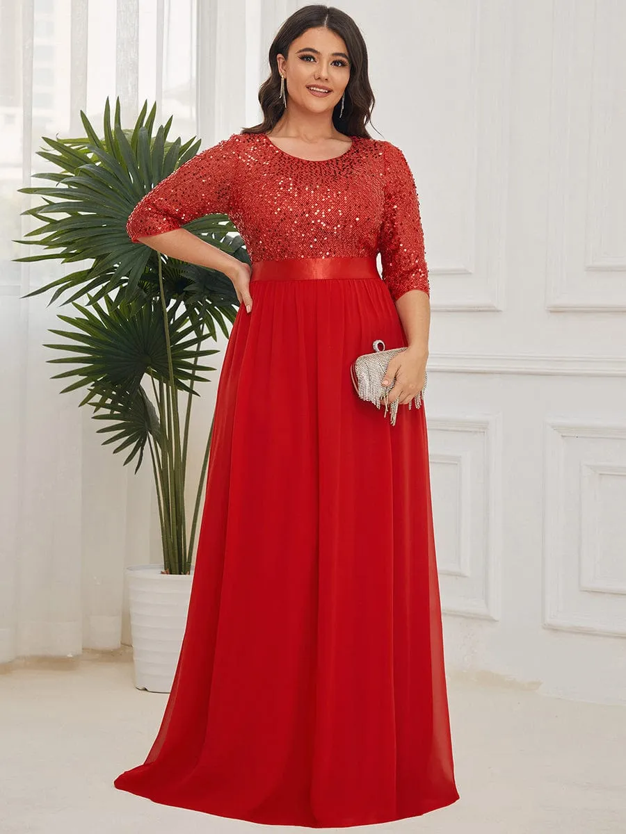 Edith | Elegant Round Neckline Long Sleeves Sequin Evening Dress